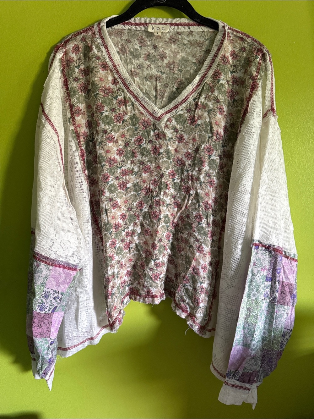 NWOT POL Boho Floral & Lace Oversized Distressed Top Shirt Size L